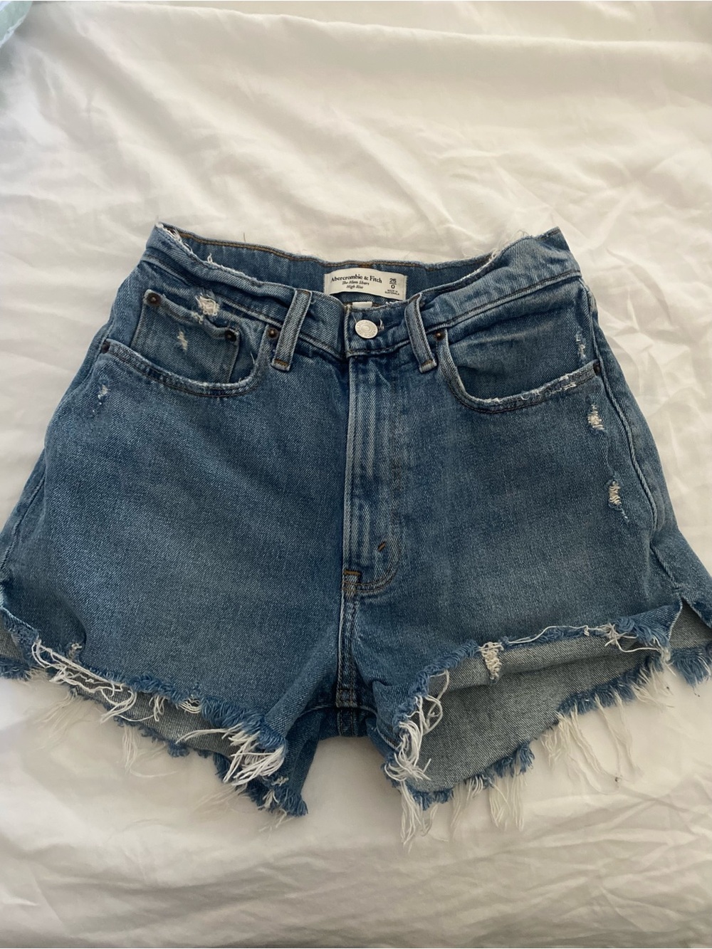 Abercrombie & Fitch Distressed Medium Blue High-Rise Denim Shorts